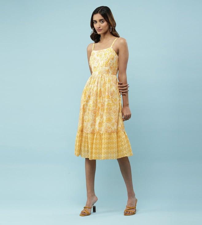 aarke ritu kumar yellow floral print midi dress