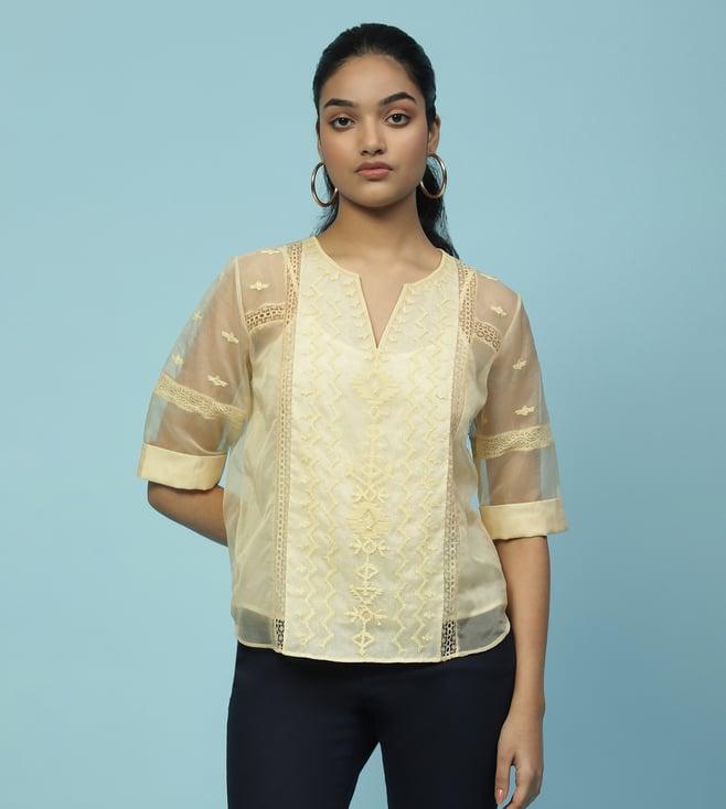 aarke ritu kumar yellow shafaq embroidered top with camisole