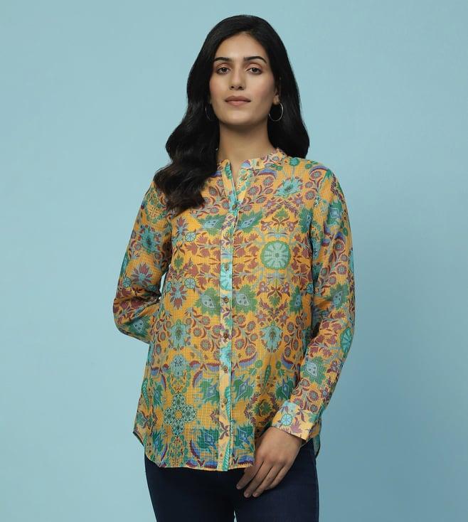 aarke ritu kumar yellow turbat floral print shirt with camisole