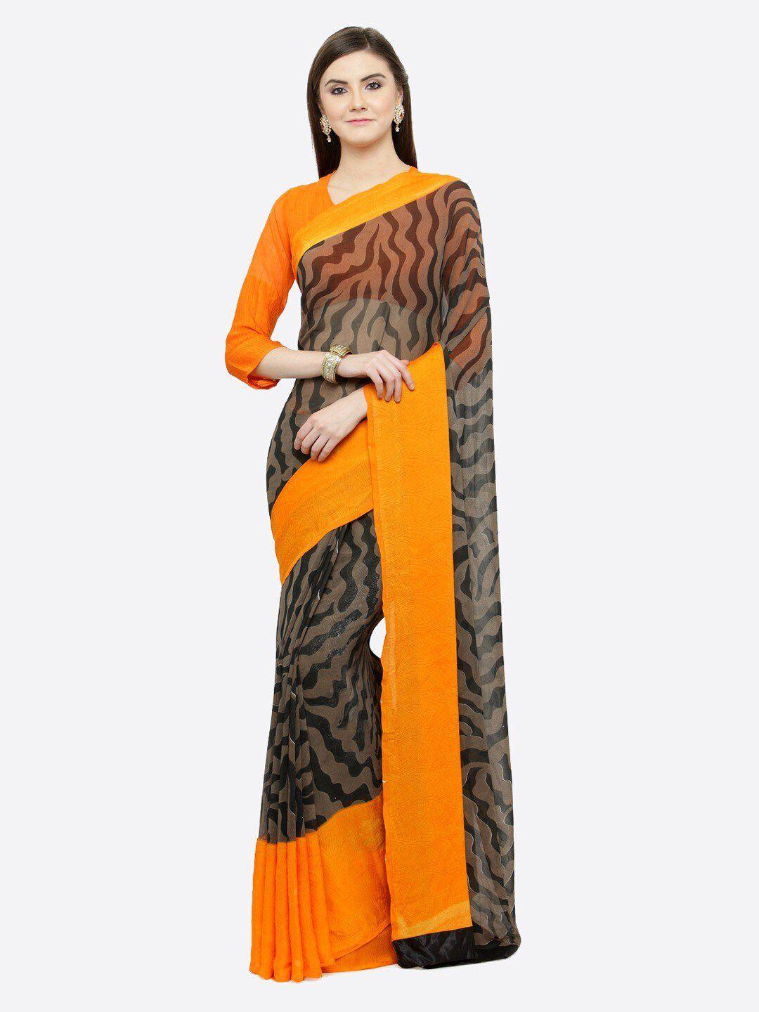 aarrah black & orange printed satin saree