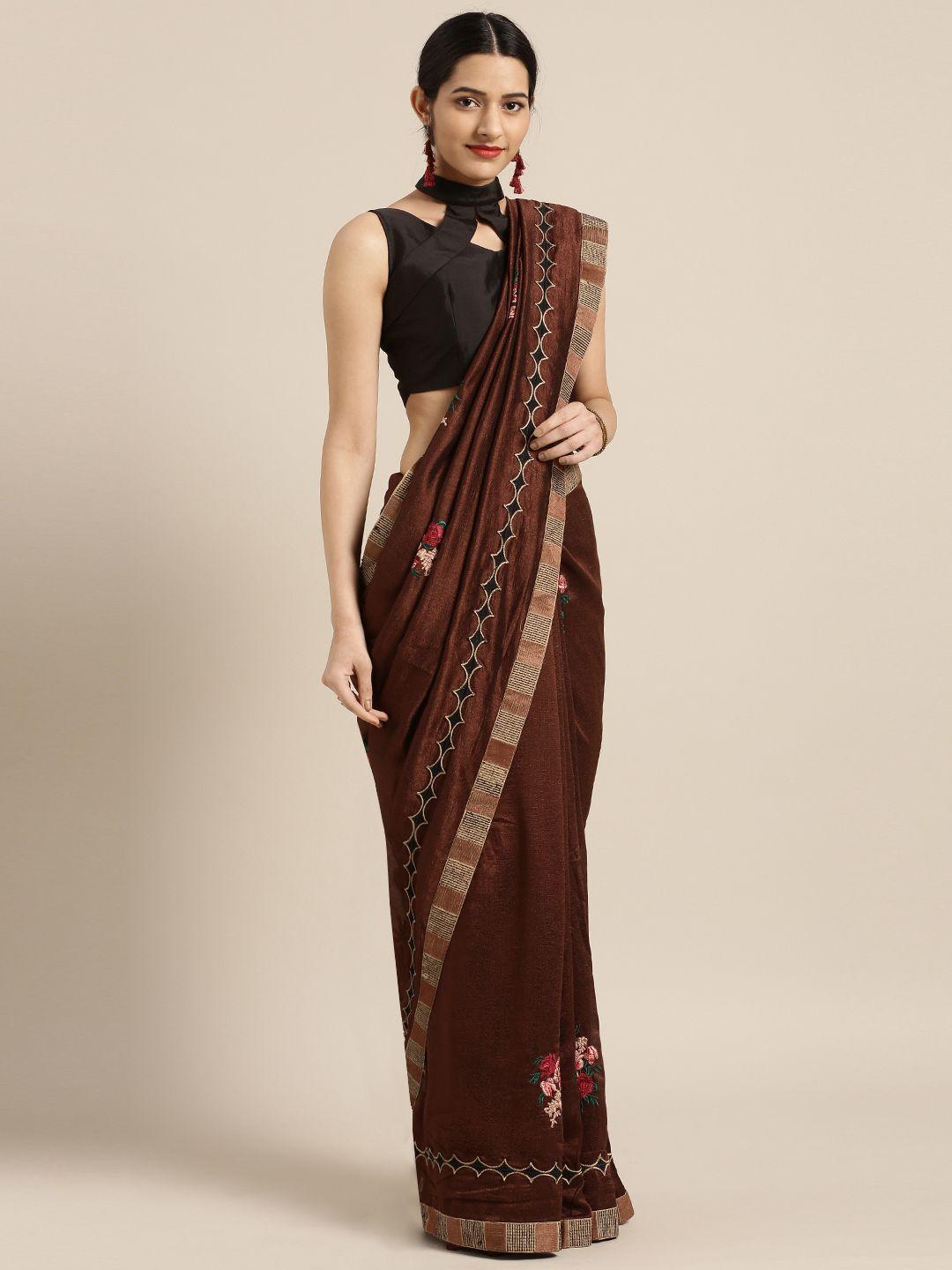 aarrah brown embroidered cotton blend saree