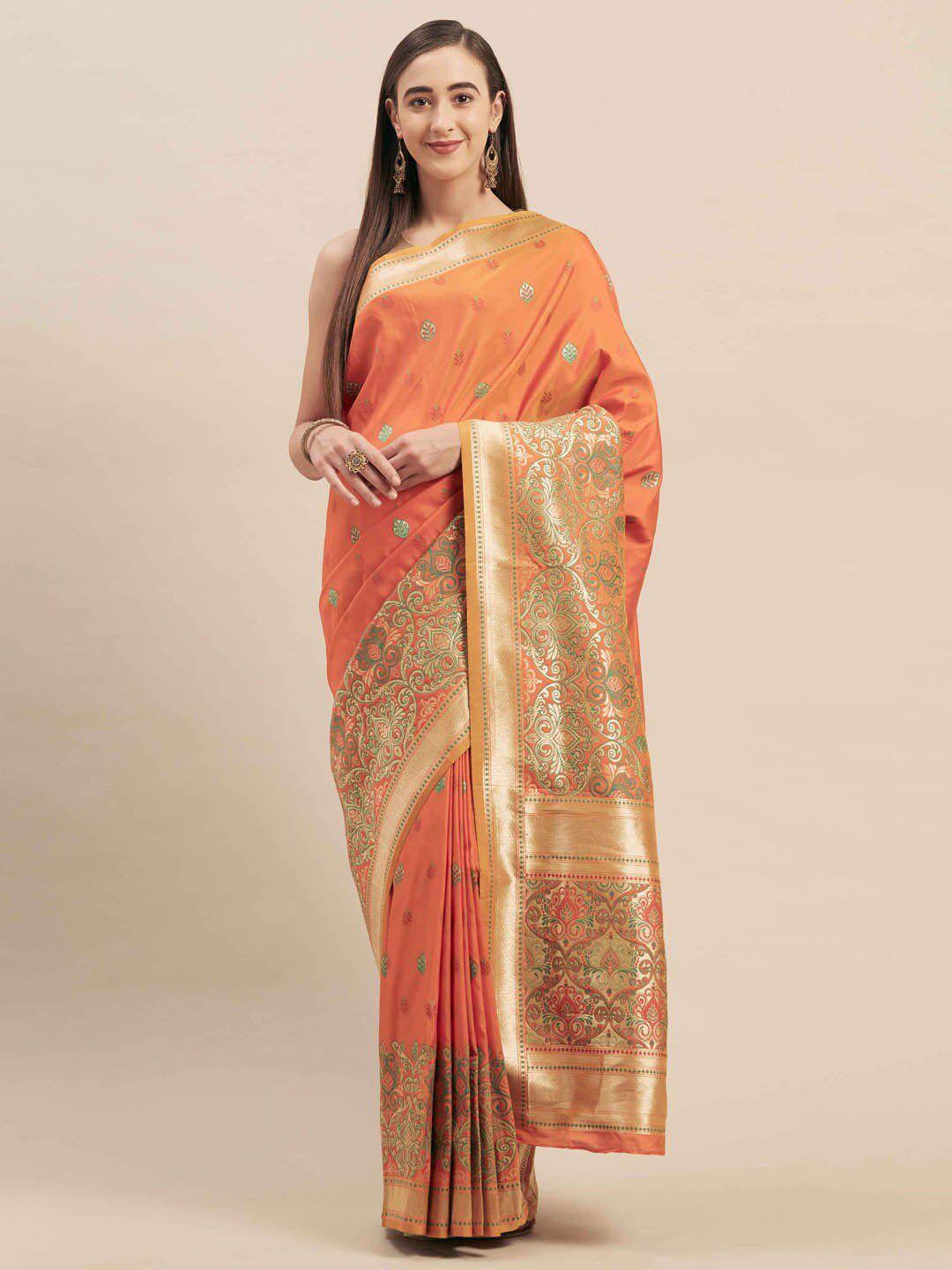 aarrah orange & gold-toned woven design zari silk blend saree