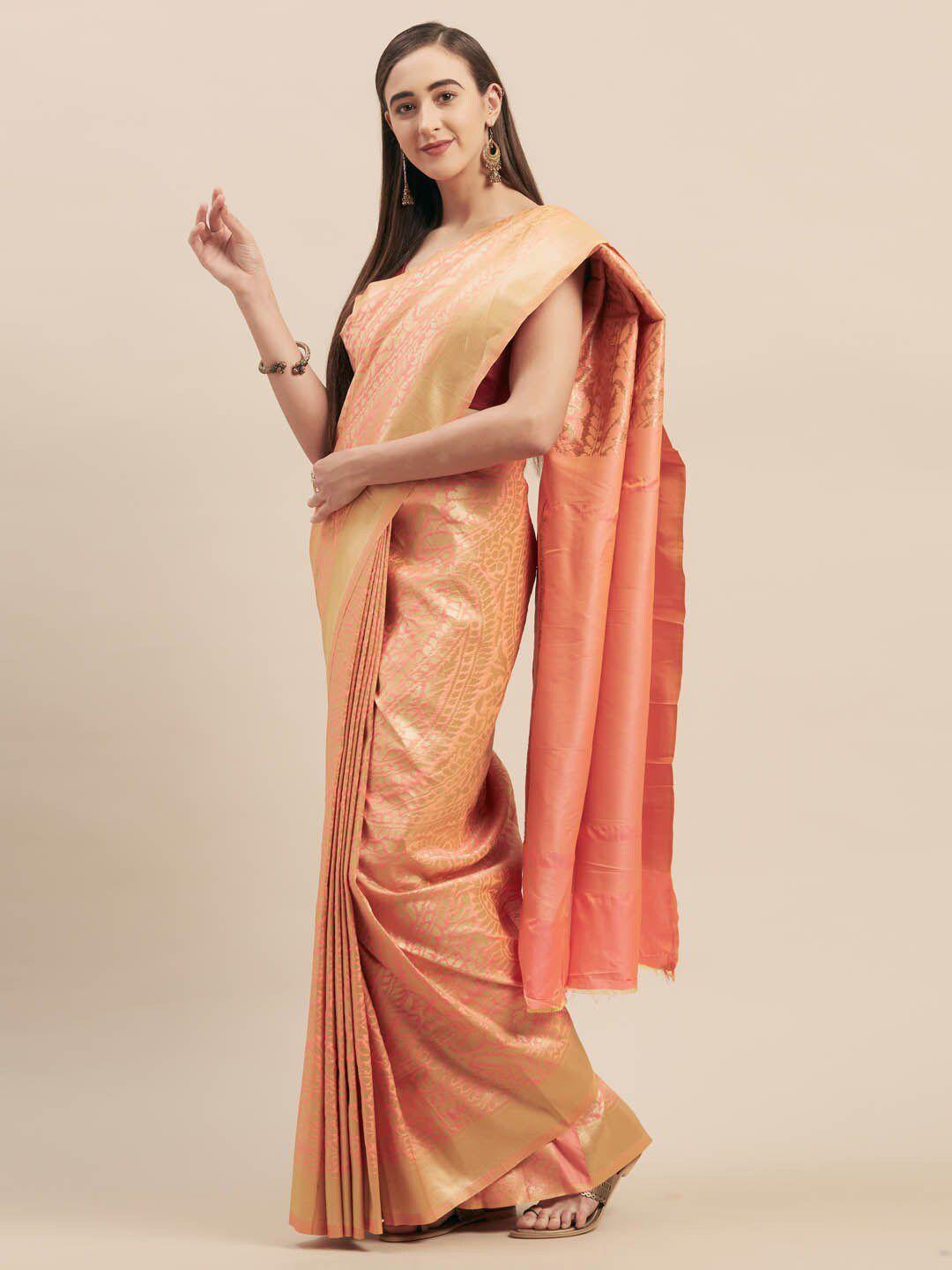 aarrah peach-coloured & gold-toned woven design silk cotton kanjeevaram saree