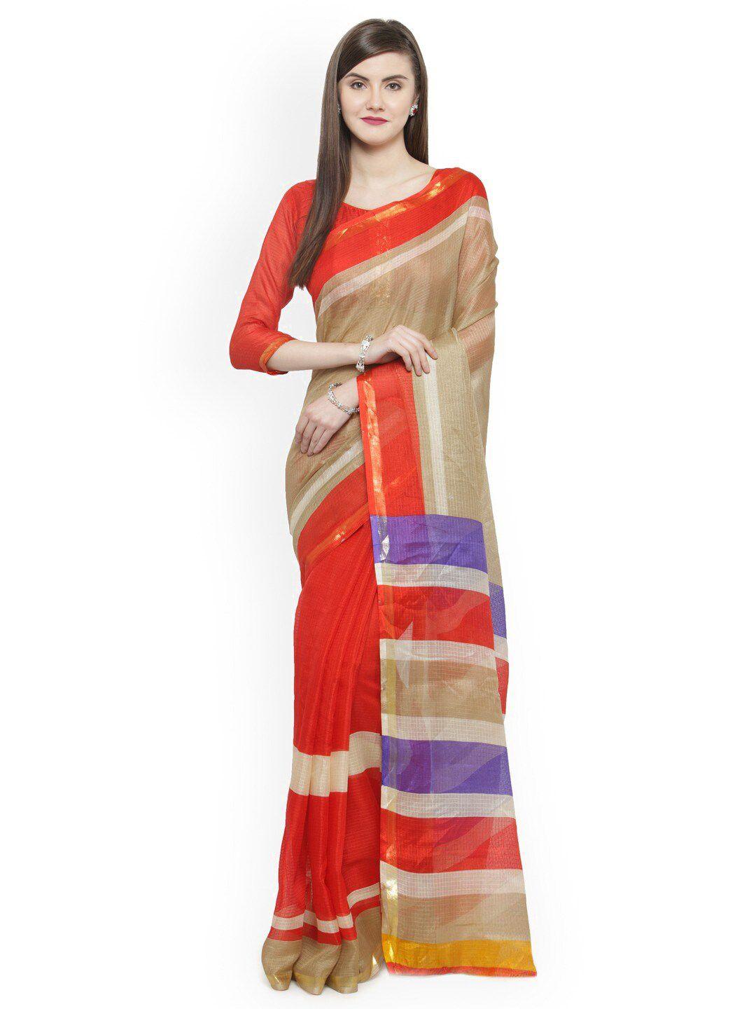aarrah red & beige striped silk cotton saree