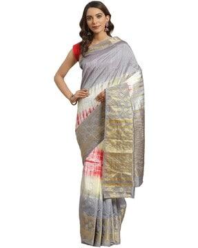 aarrah women's grey & multi silk blend woven zari with tie & dye saree