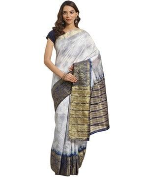 aarrah women's grey & navy blue silk blend woven zari with tie & dye saree