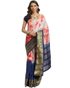 aarrah women's navy blue & multi silk blend woven zari with tie & dye saree