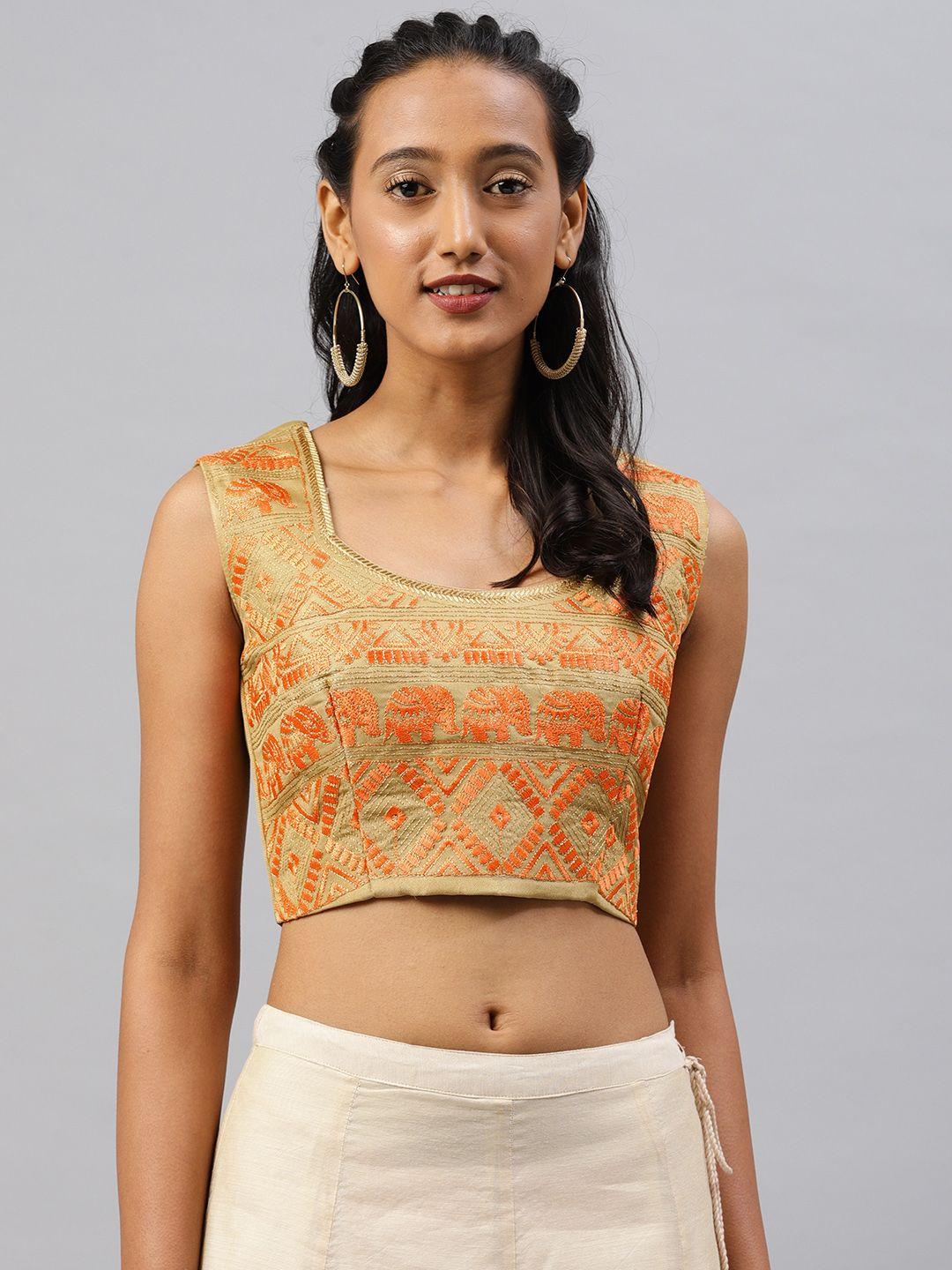 aarrah women gold toned & orange jacquard embroidered padded saree blouse