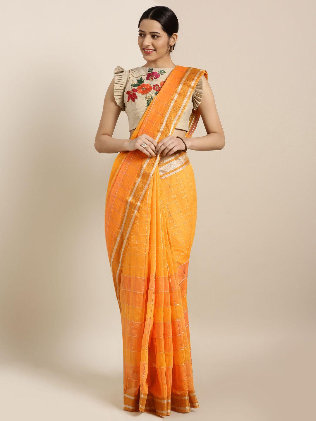 aarrah women mustard yellow and orange pure linen checked saree