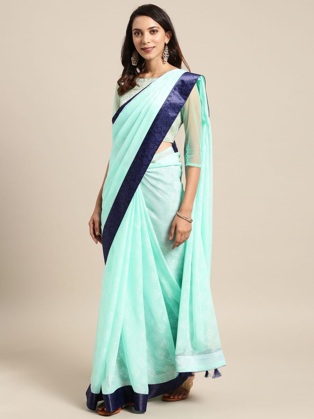 aarrah women turquoise blue printed pure chiffon saree