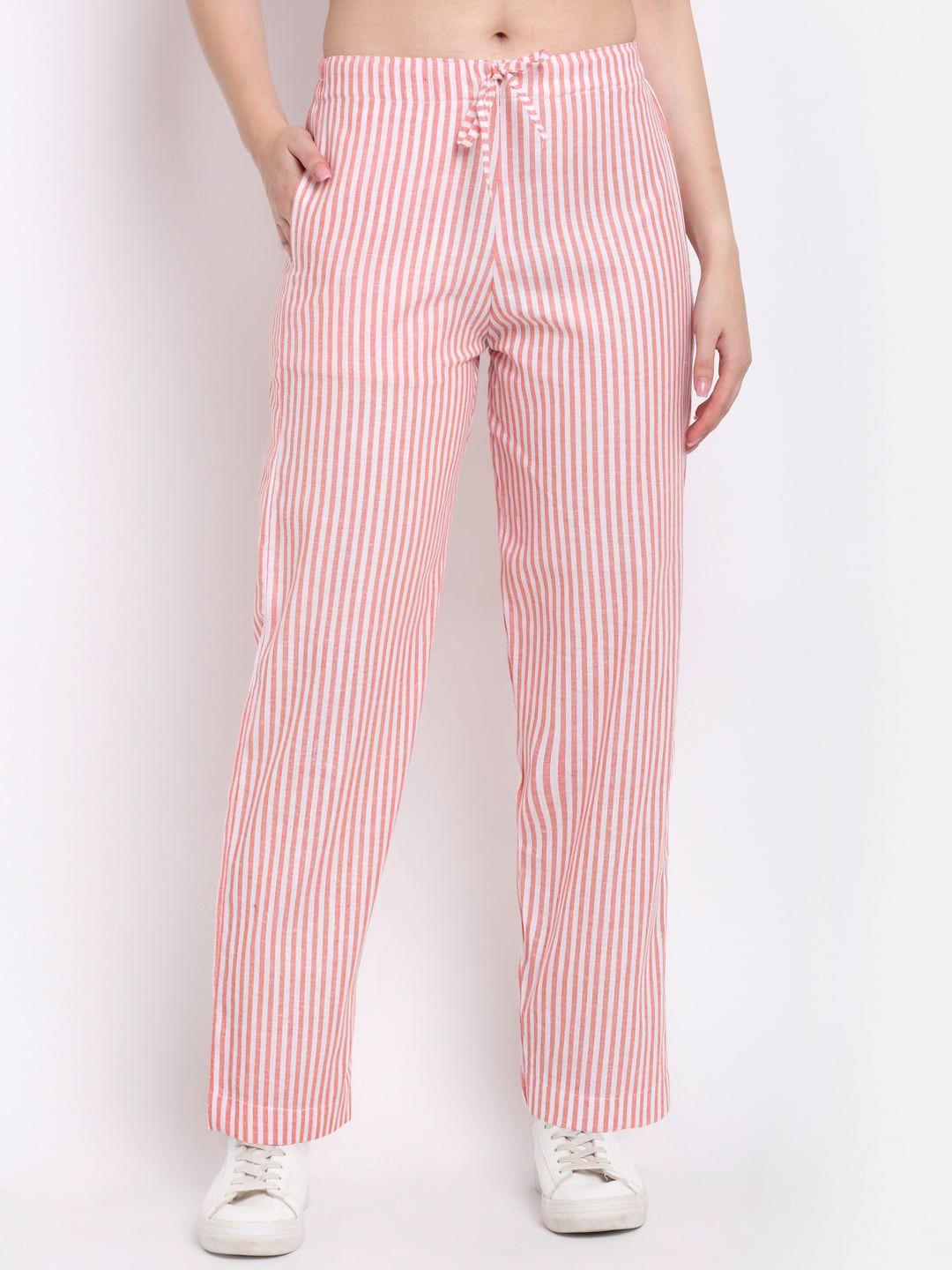 aarsha women peach & white striped cotton parallel trousers