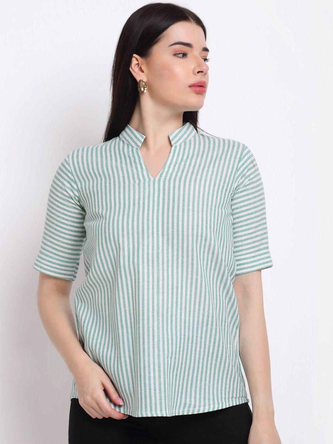 aarsha women green & white striped mandarin collar shirt style top