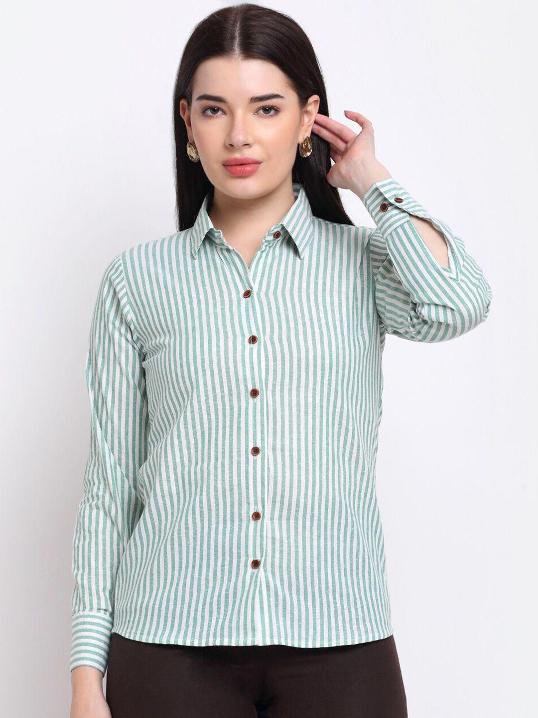 aarsha women green striped pure cotton formal shirt