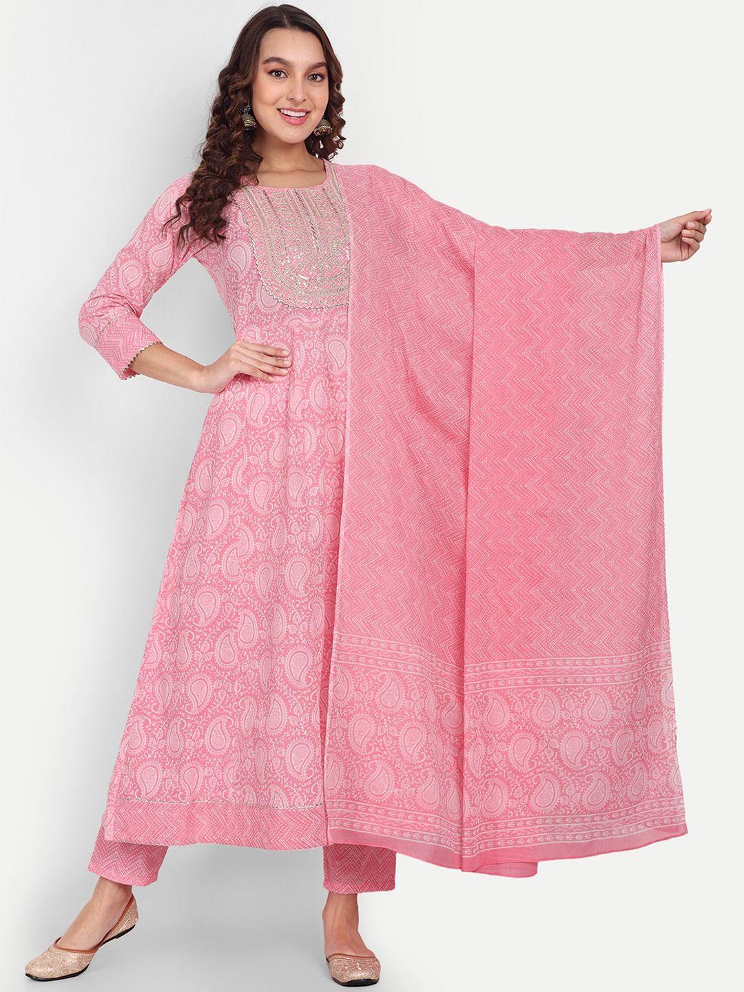 aarti fashion paisley embroidered pure cotton anarkali kurta with trousers & dupatta
