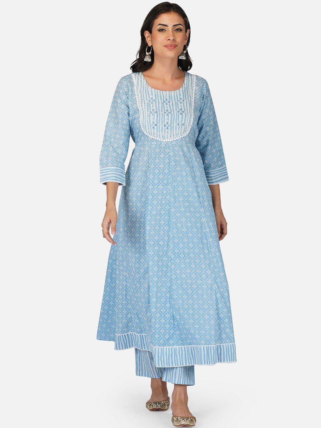 aarti fashion women blue & white floral embroidered kurta with trousers & with dupatta