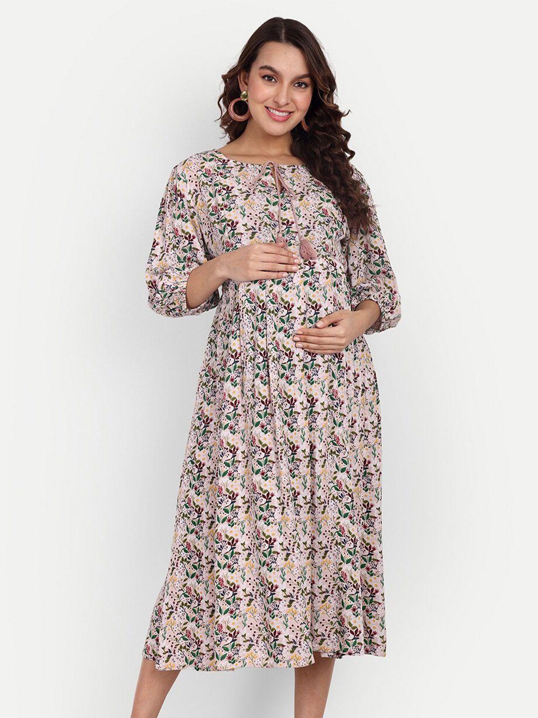 aaruvi ruchi verma tie-up neck floral printed midi fit and flare maternity dress
