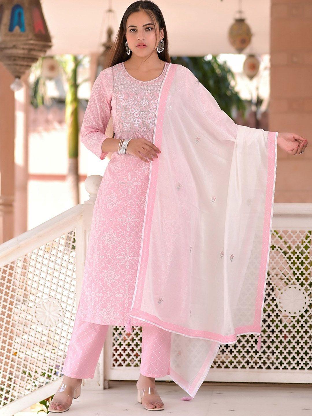 aaryahi ethnic motif printed thread work pure cotton straight kurta & trouser with dupatta