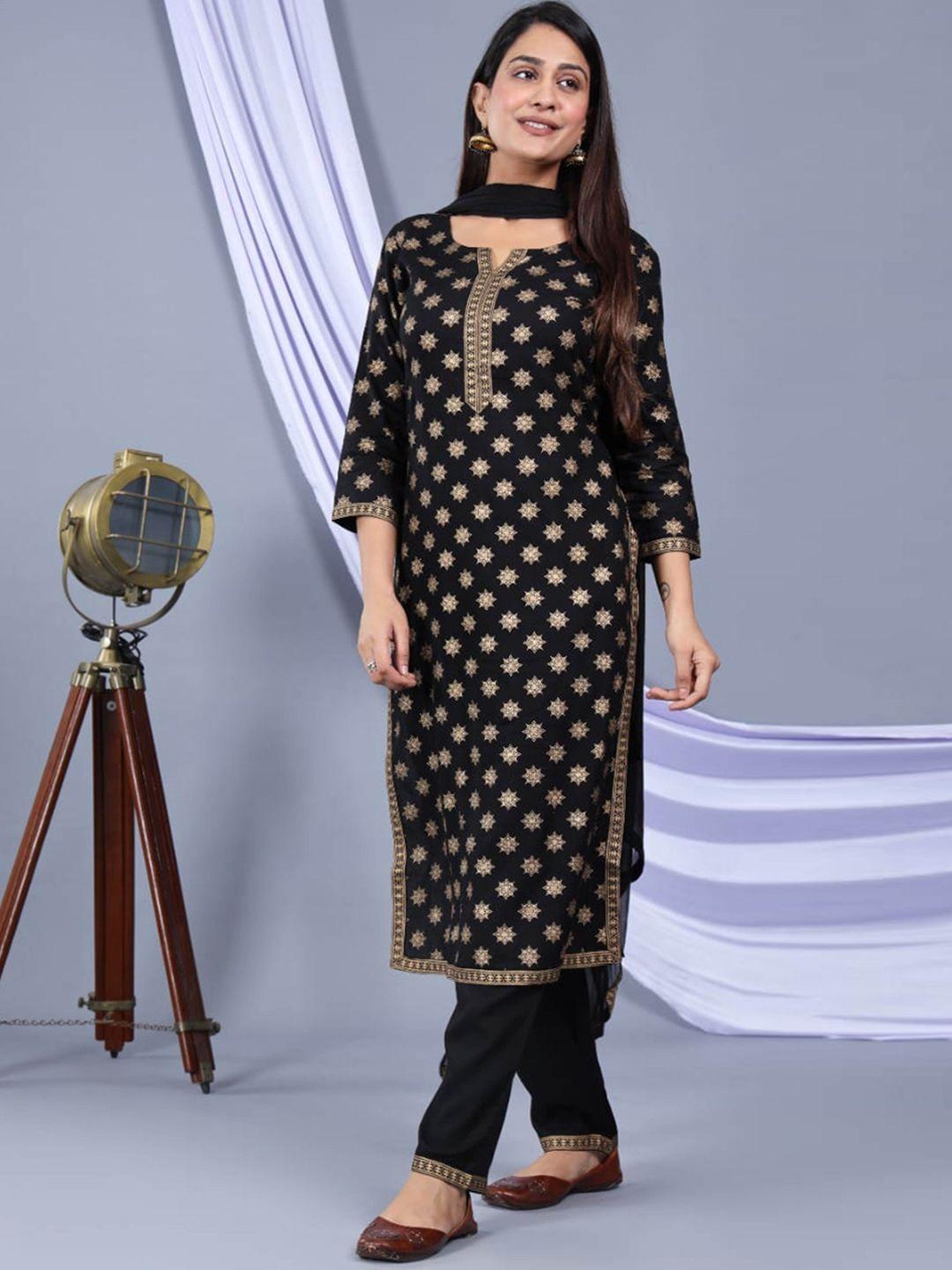 aaryahi ethnic motifs printed notched neck straight kurta with trousers & dupatta