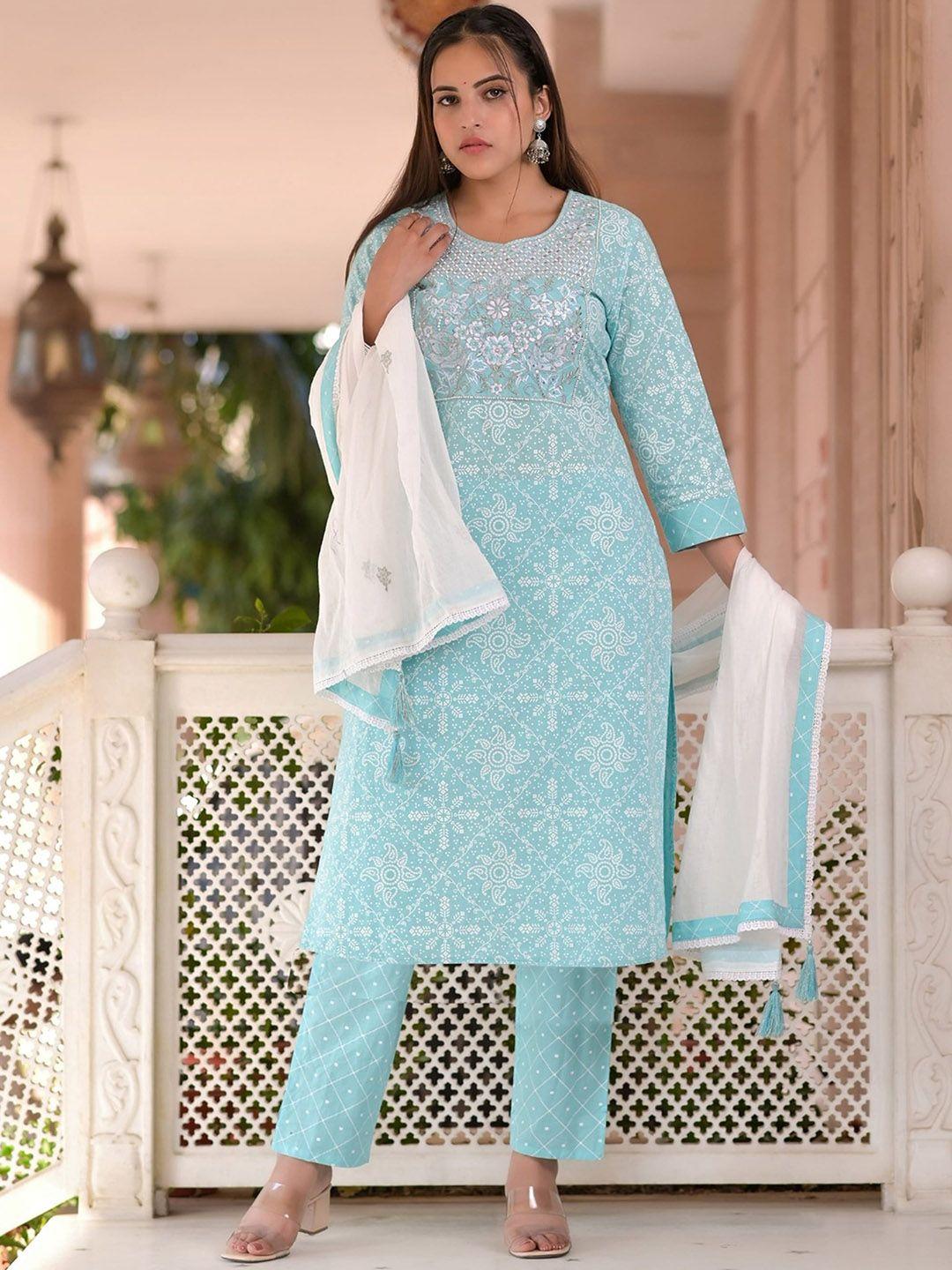 aaryahi ethnic motifs printed pure cotton kurta & trousers with dupatta