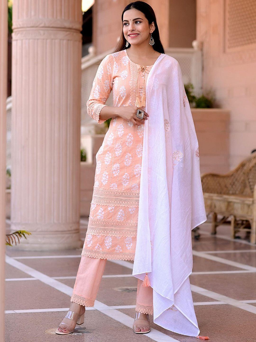 aaryahi ethnic motifs printed sequinned pure cotton kurta with trousers & dupatta