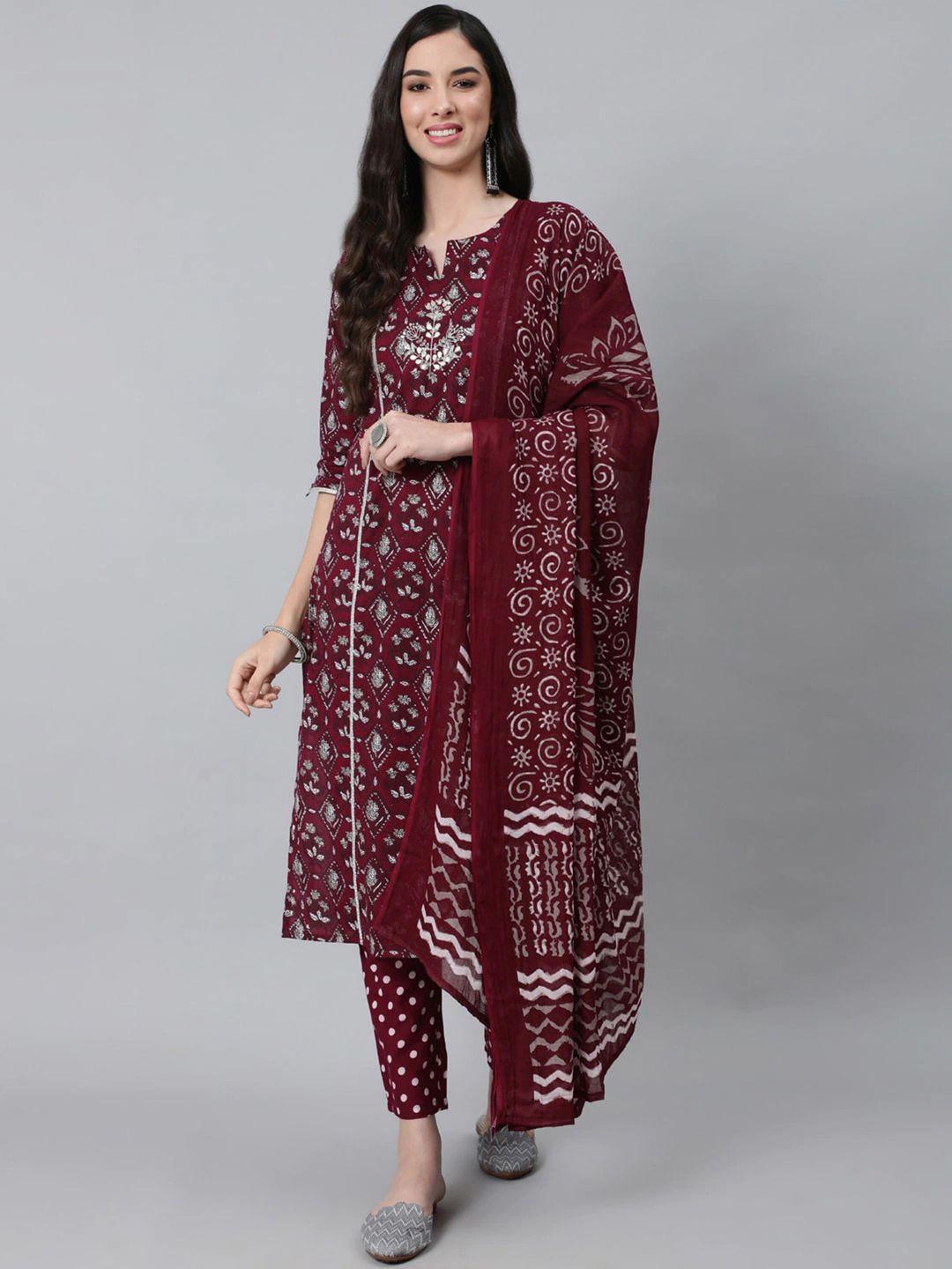 aaryahi ethnic motifs printed thread work detailed straight kurta & trousers with dupatta