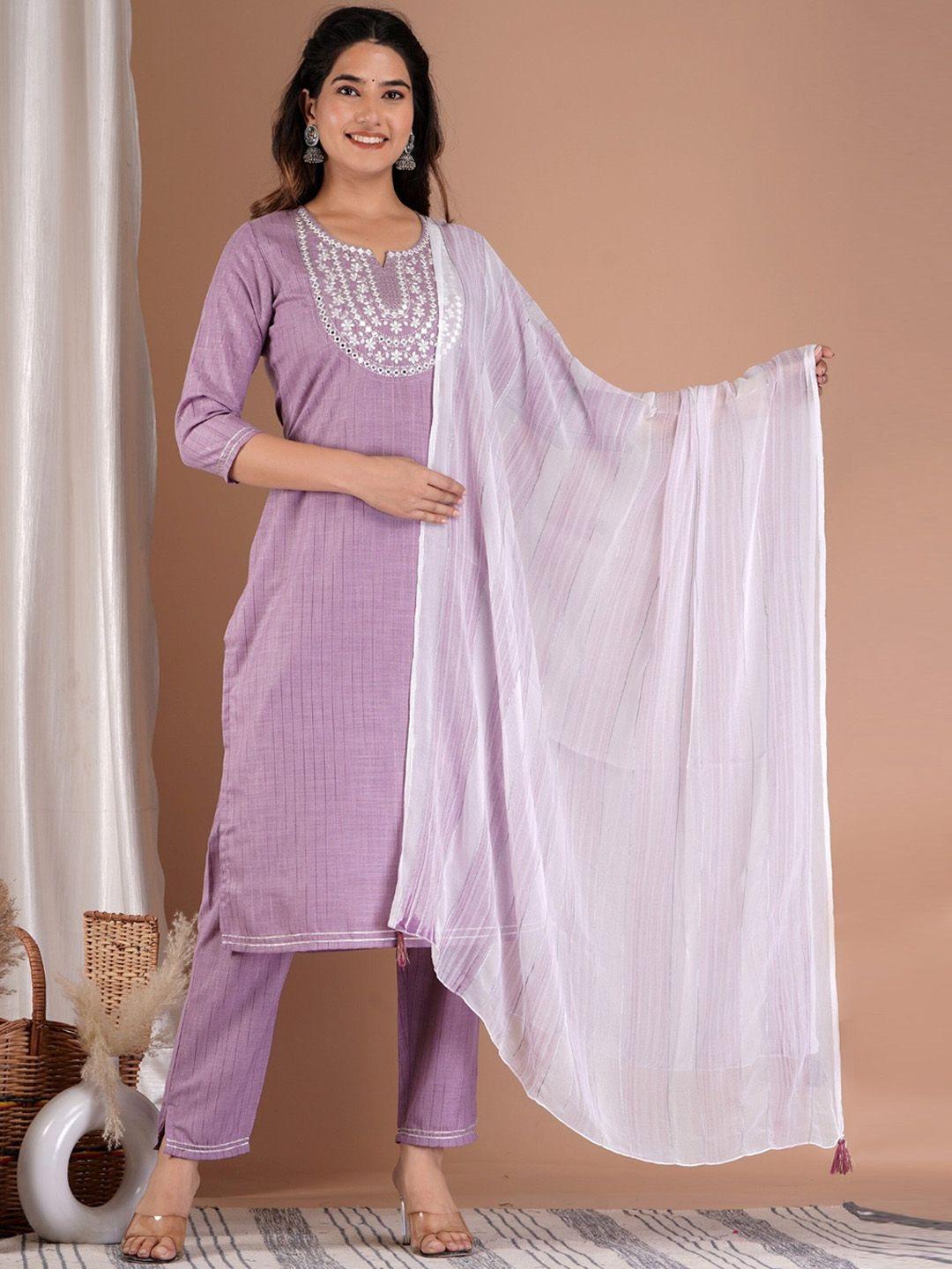aaryahi ethnic motifs yoke design regular thread work cotton kurta with trousers & dupatta