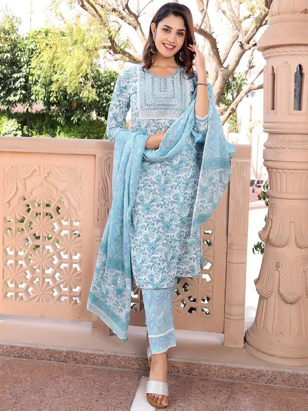 aaryahi floral printed mirror work pure cotton kurta with trousers & dupatta