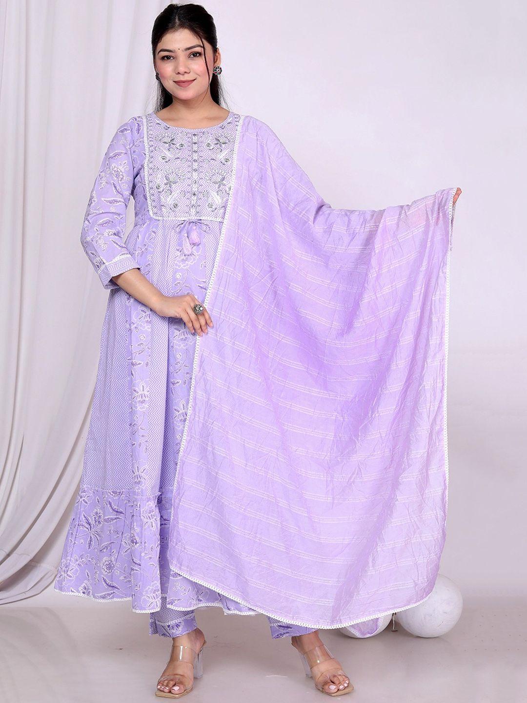 aaryahi floral printed pure cotton anarkali kurta with trousers & dupatta