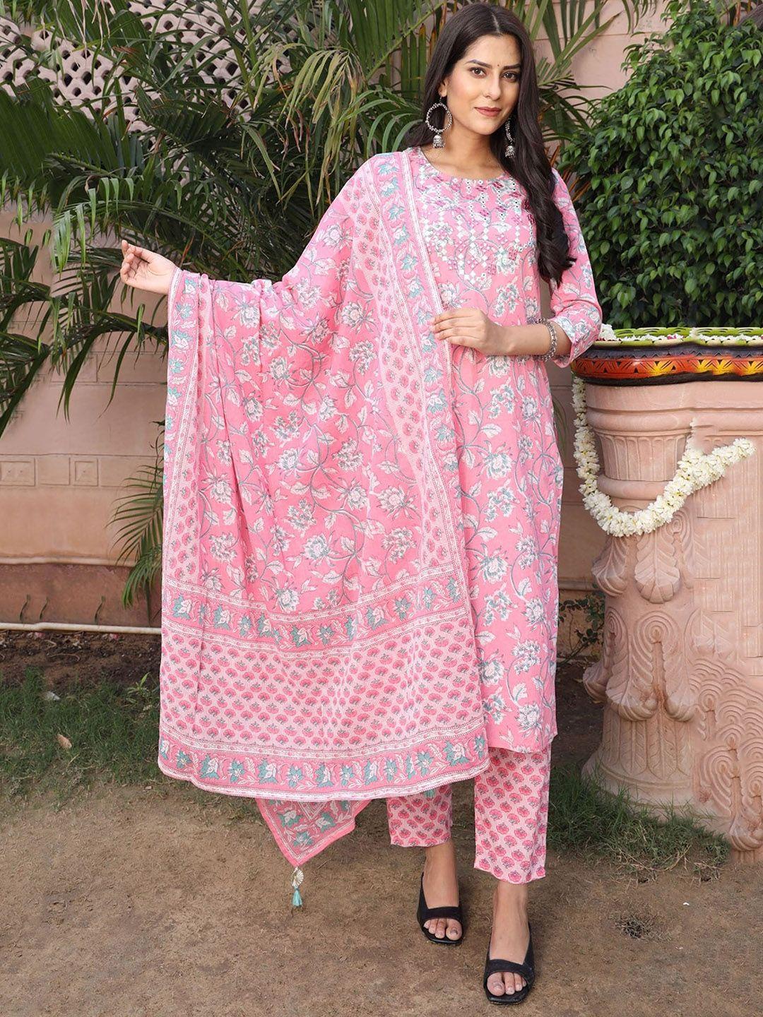aaryahi floral printed pure cotton kurta & trousers with dupatta