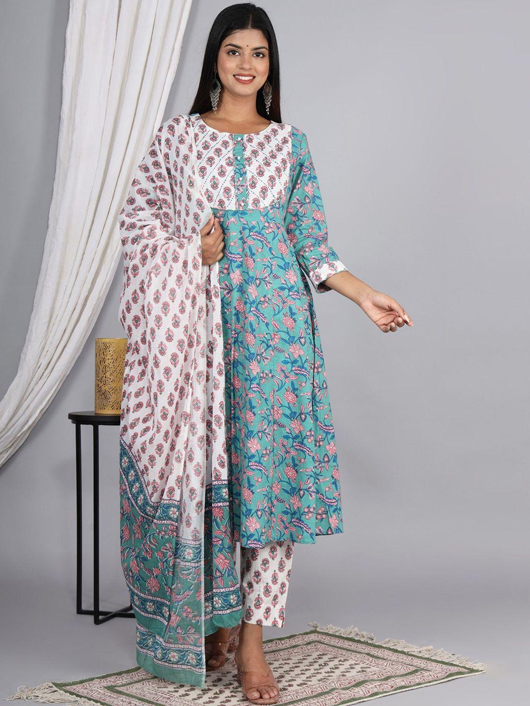 aaryahi floral printed pure cotton panelled anarkali kurta with trousers & dupatta