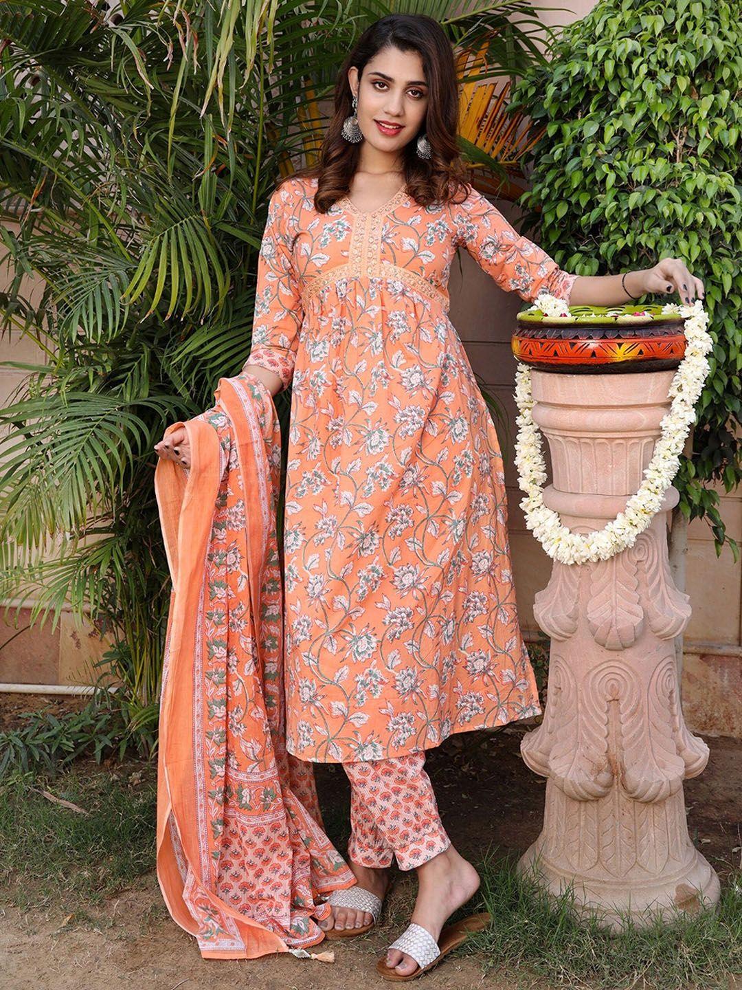 aaryahi floral printed sequinned pure cotton empire kurta with trousers & dupatta
