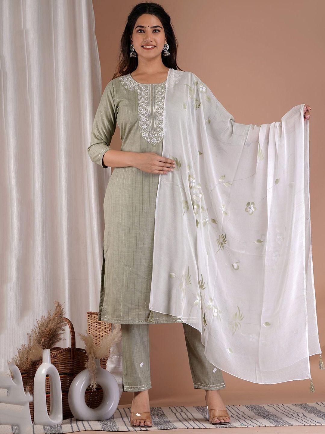 aaryahi floral yoke design thread work pure cotton kurta with trousers & dupatta