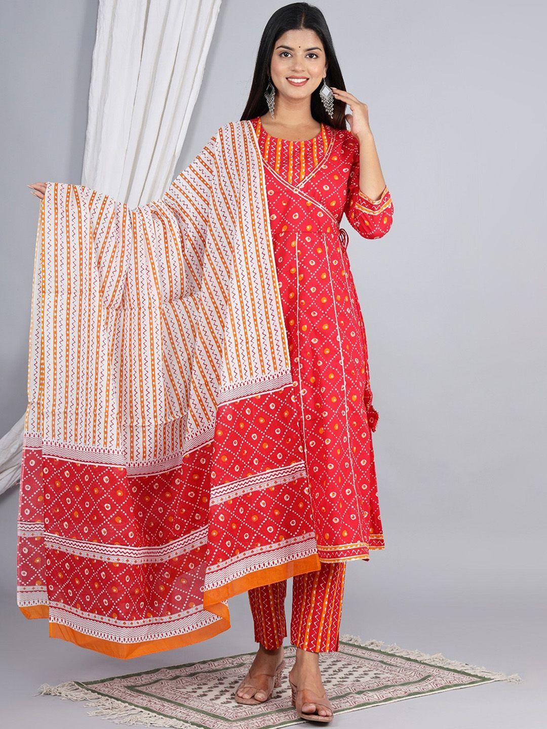 aaryahi geometric printed gotta patti pure cotton angrakha kurta with trousers & dupatta