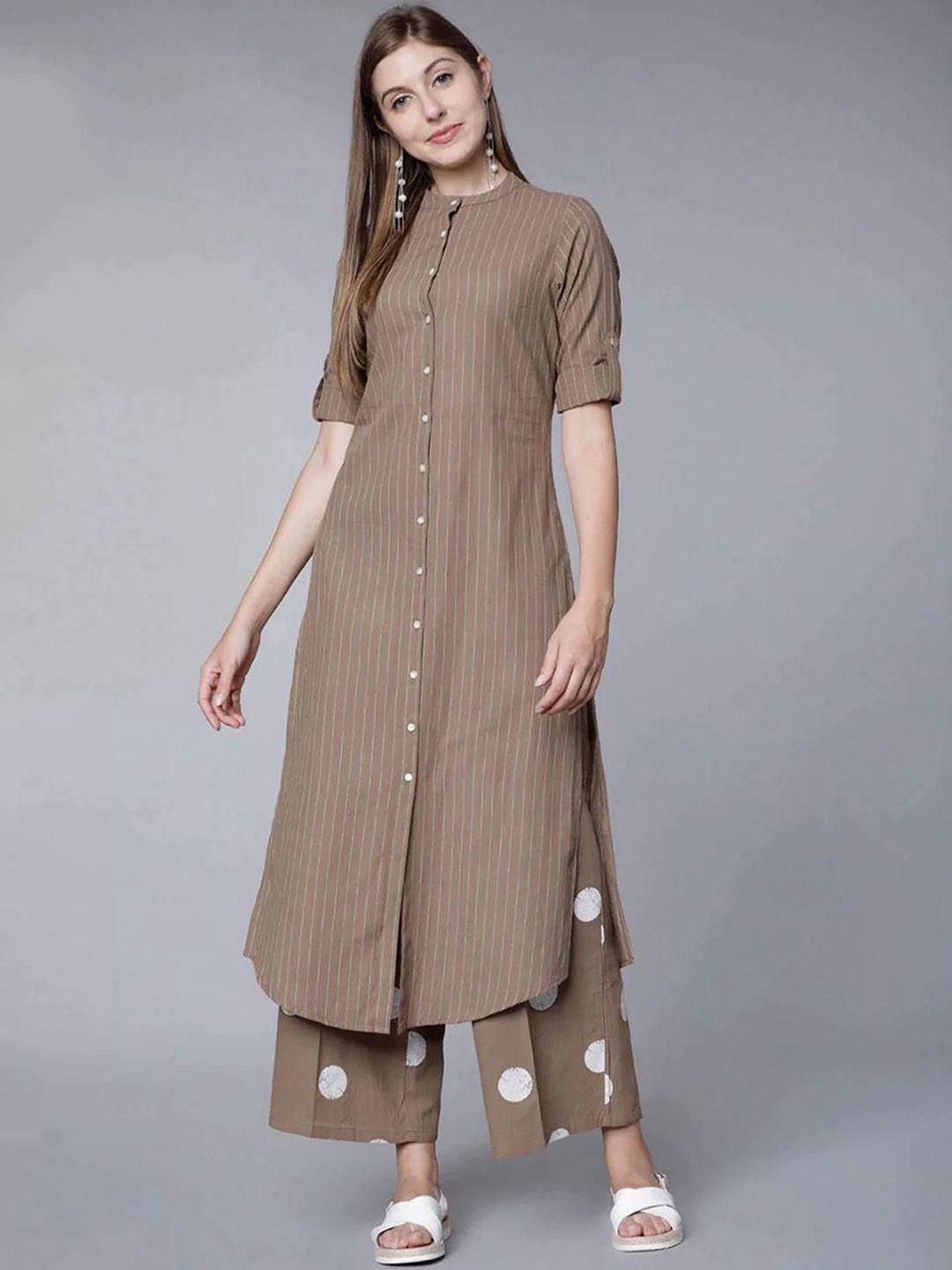 aaryahi striped band collar roll-up sleeves pure cotton straight kurta & palazzos