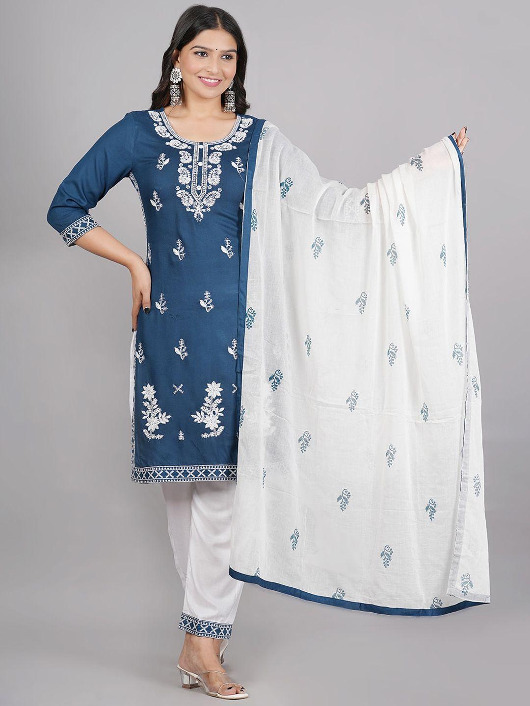 aaryahi women blue floral embroidered regular kurta with trousers & with dupatta