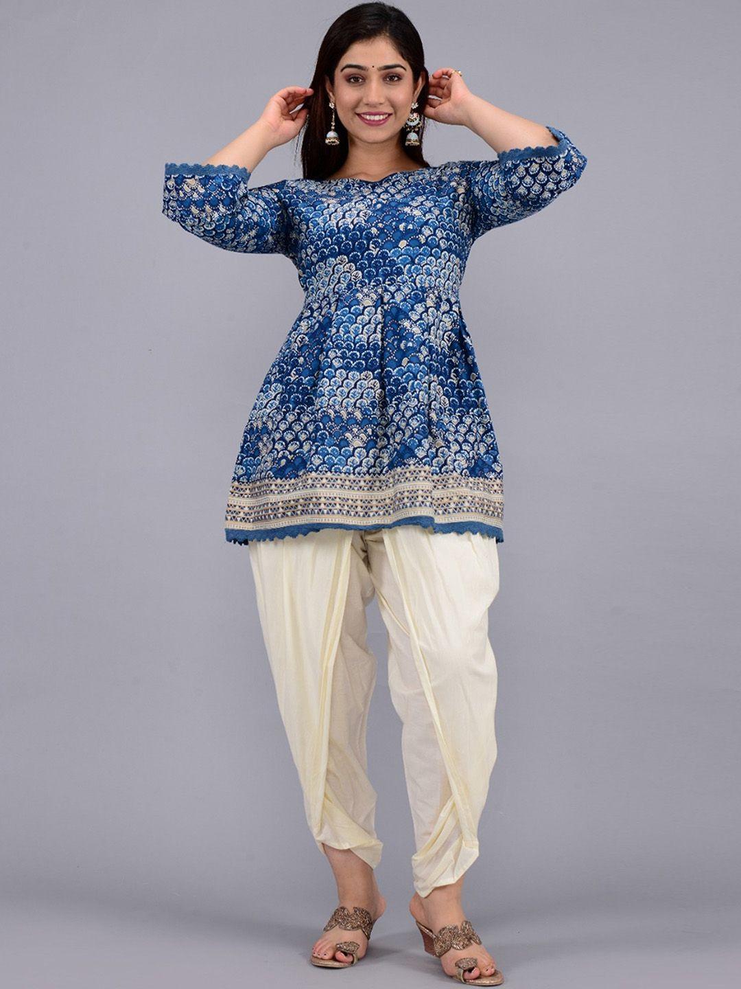 aaryahi women blue printed regular pure cotton top with dhoti pants