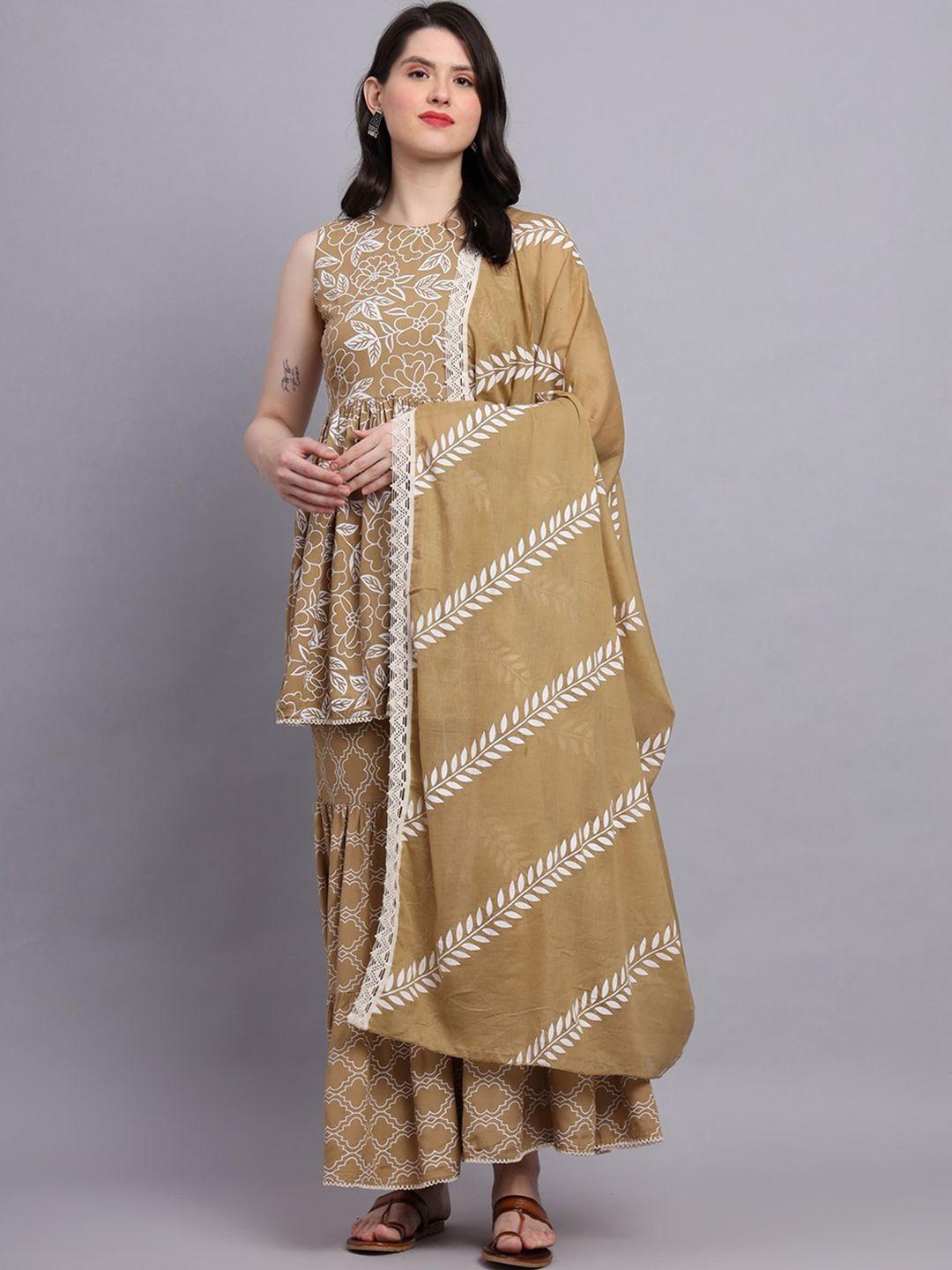 aaryahi women brown ethnic motifs printed regular kurti with sharara & with dupatta