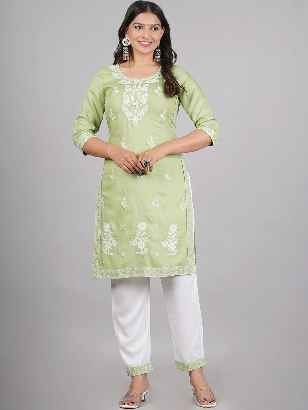 aaryahi women green ethnic motifs embroidered regular thread work kurta with trousers & with dupatta