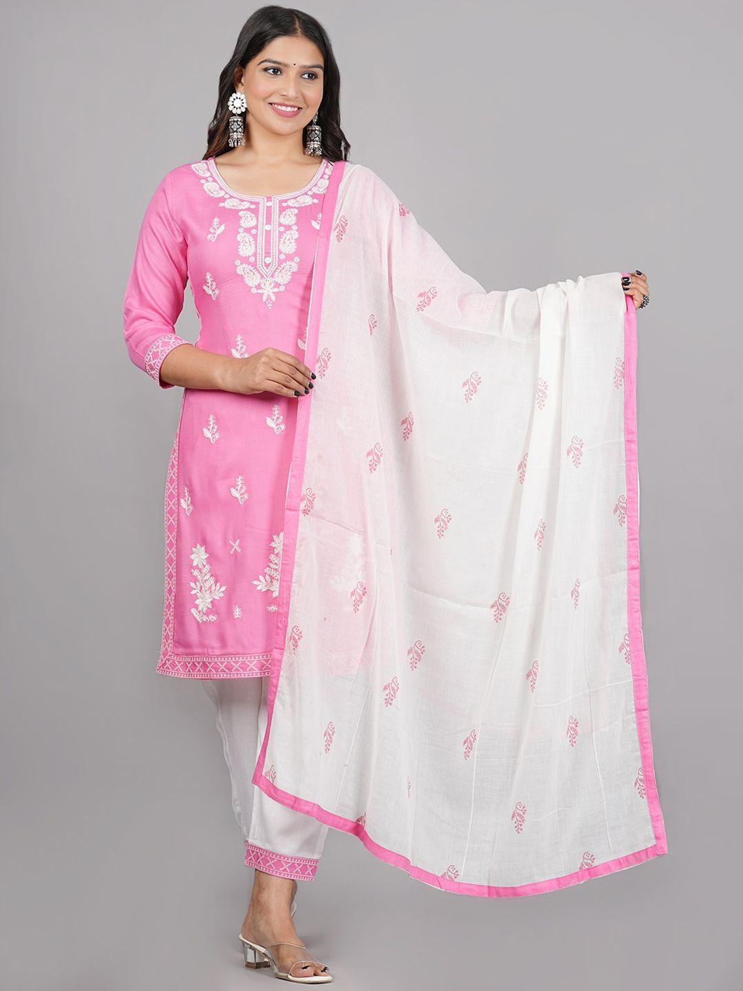 aaryahi women pink ethnic motifs embroidered regular thread work kurta with trousers & with dupatta