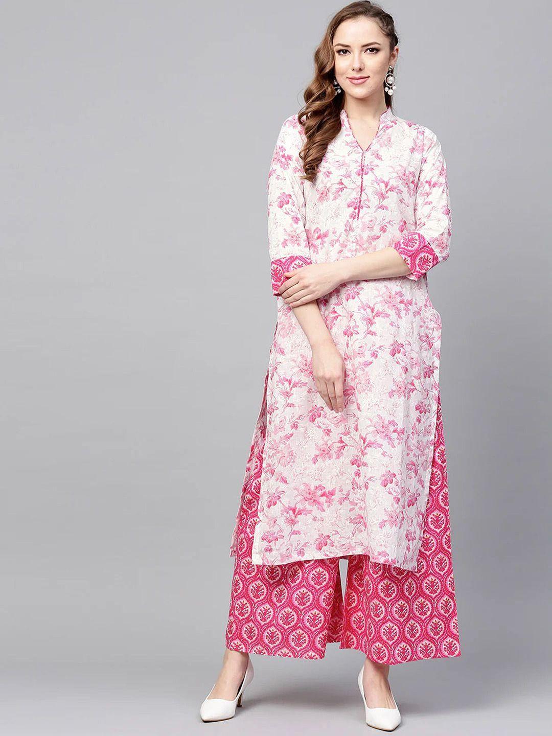 aaryahi women pink floral printed regular kurti with palazzos