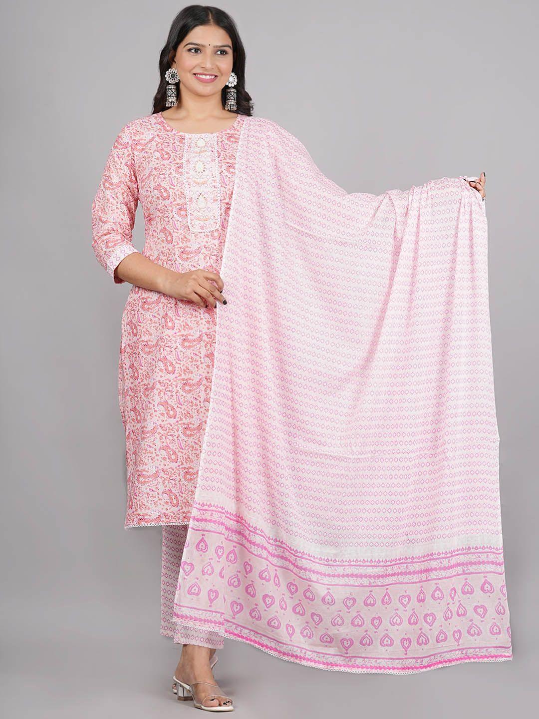 aaryahi women pink printed regular pure cotton kurti with trousers & with dupatta