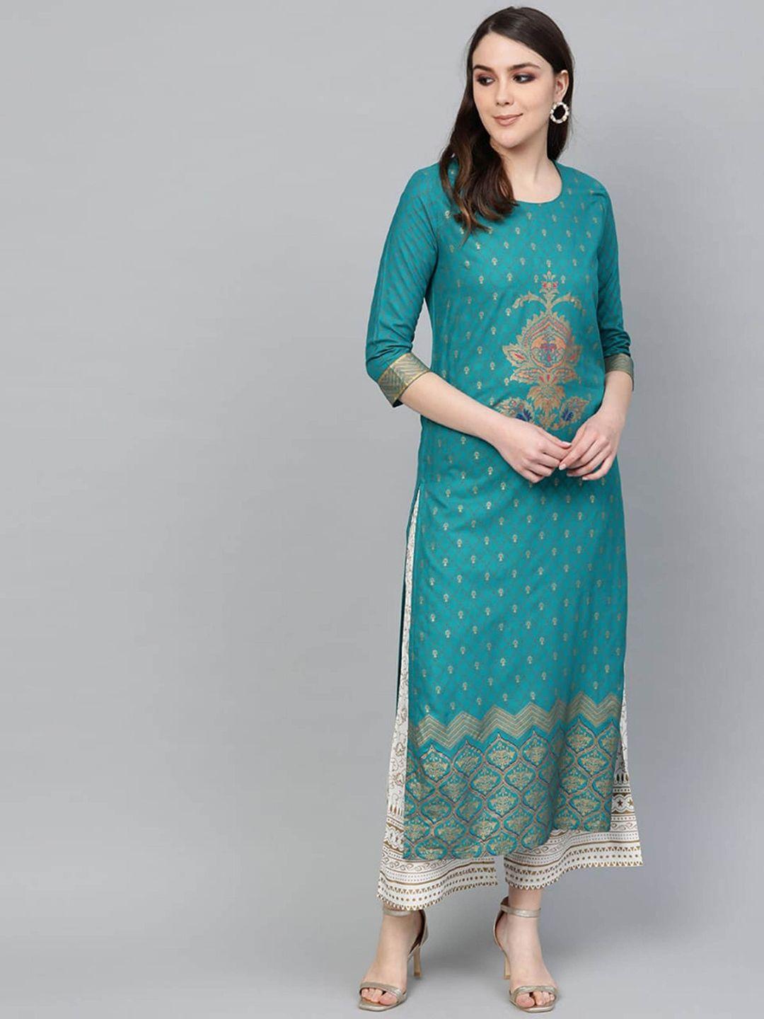 aaryahi women teal ethnic motifs printed regular kurti with palazzos