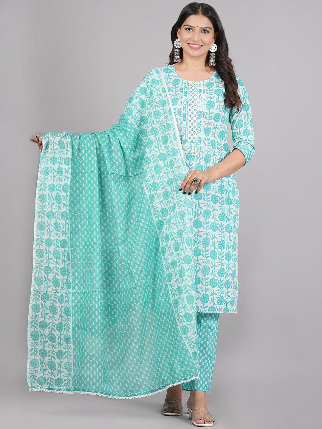 aaryahi women turquoise blue ethnic motifs printed regular thread work pure cotton kurta with trousers &