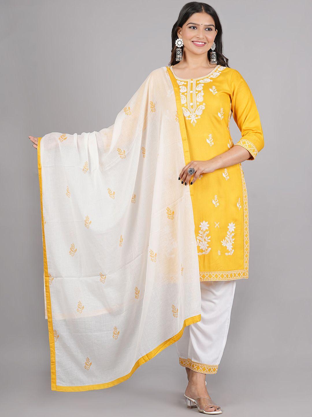 aaryahi women yellow ethnic motifs embroidered regular thread work kurti with trousers & with dupatta