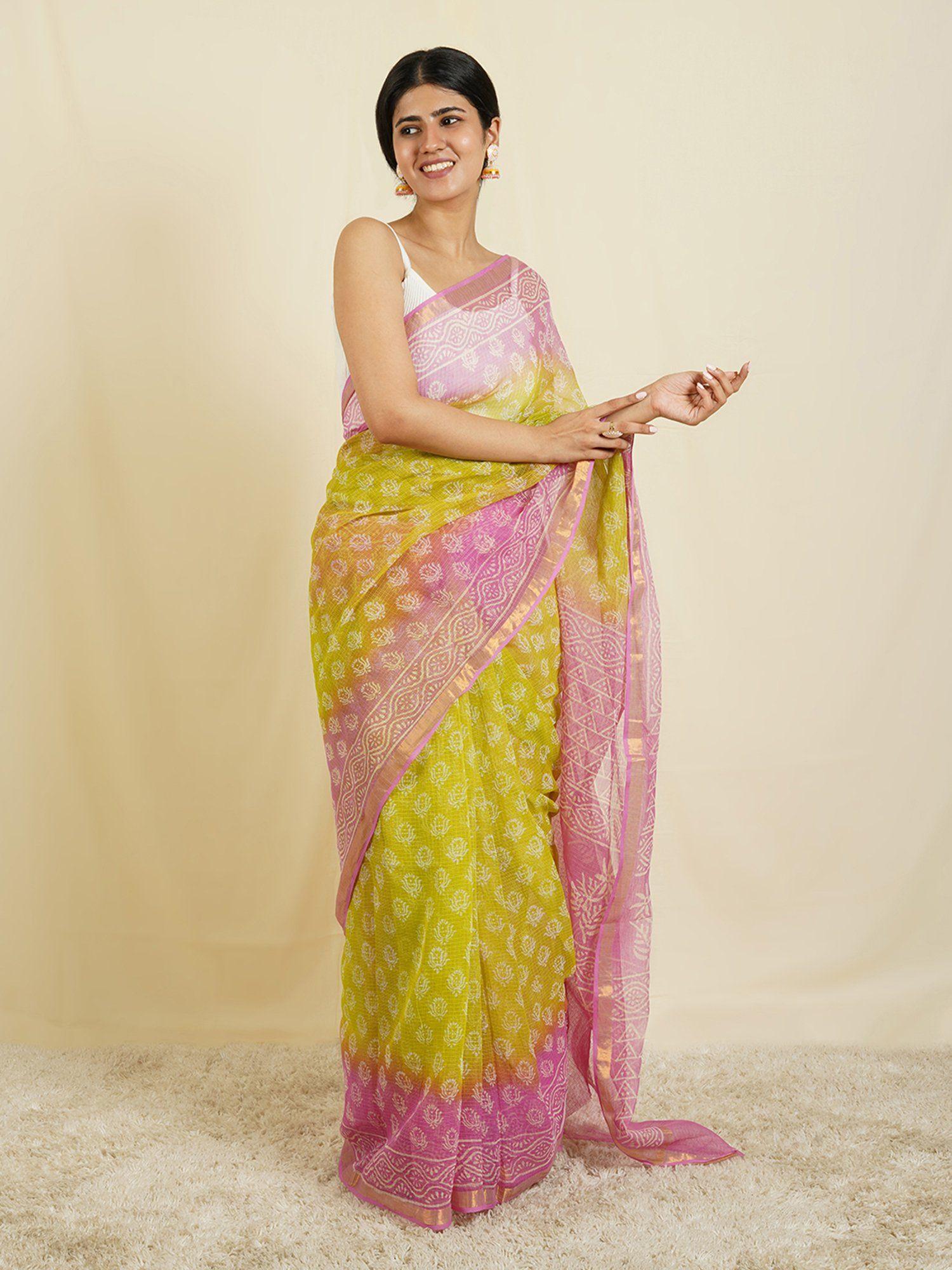 aashika pink & light green block print kota saree with unstitched blouse