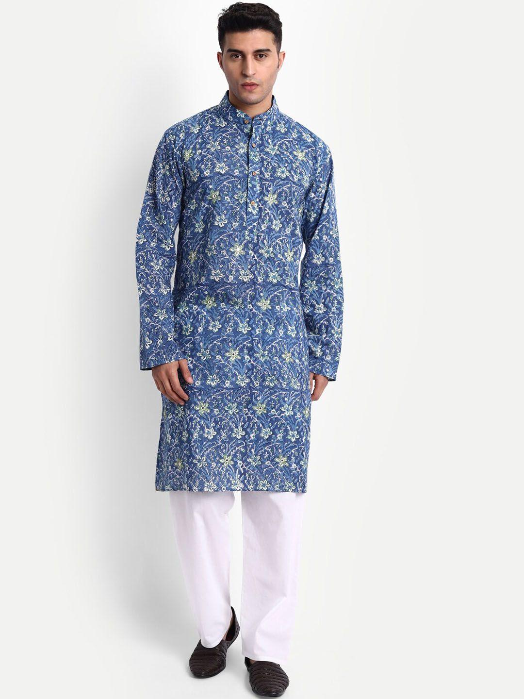 aashima wahal men blue floral printed flared sleeves thread work block print kurta