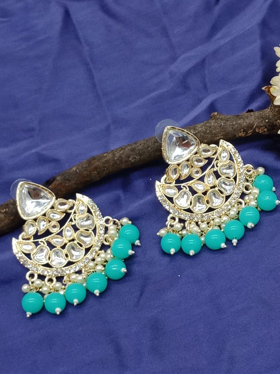 aashish imitation gold-plated kundan studded & beaded contemporary drop earrings