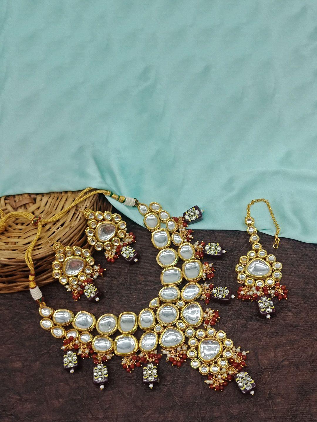 aashish imitation gold-plated kundan studded & beaded jewellery set