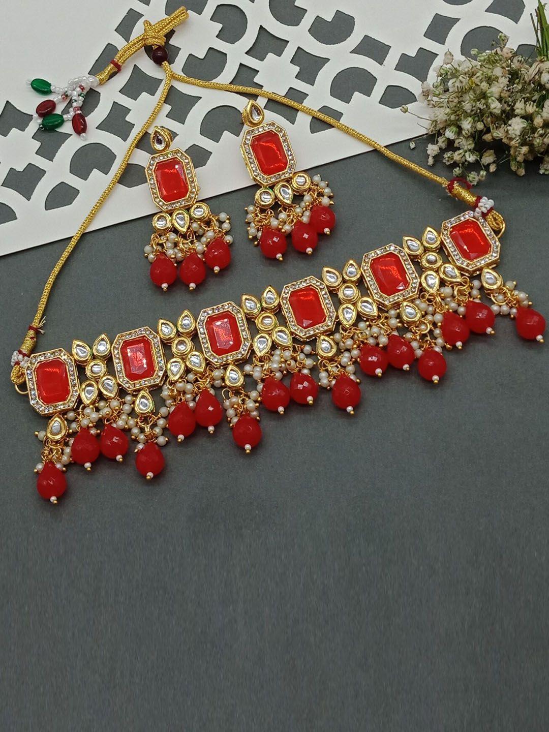 aashish imitation gold-plated kundan studded & beaded jewellery set