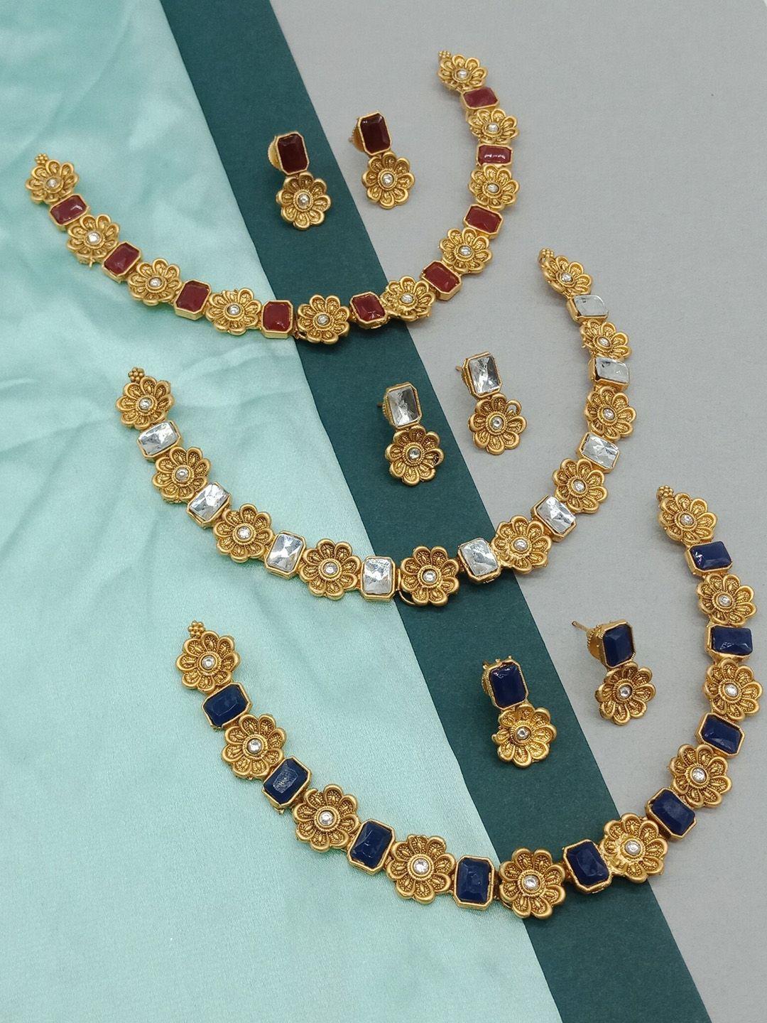 aashish imitation set of 3 gold-plated kundan-studded jewellery set